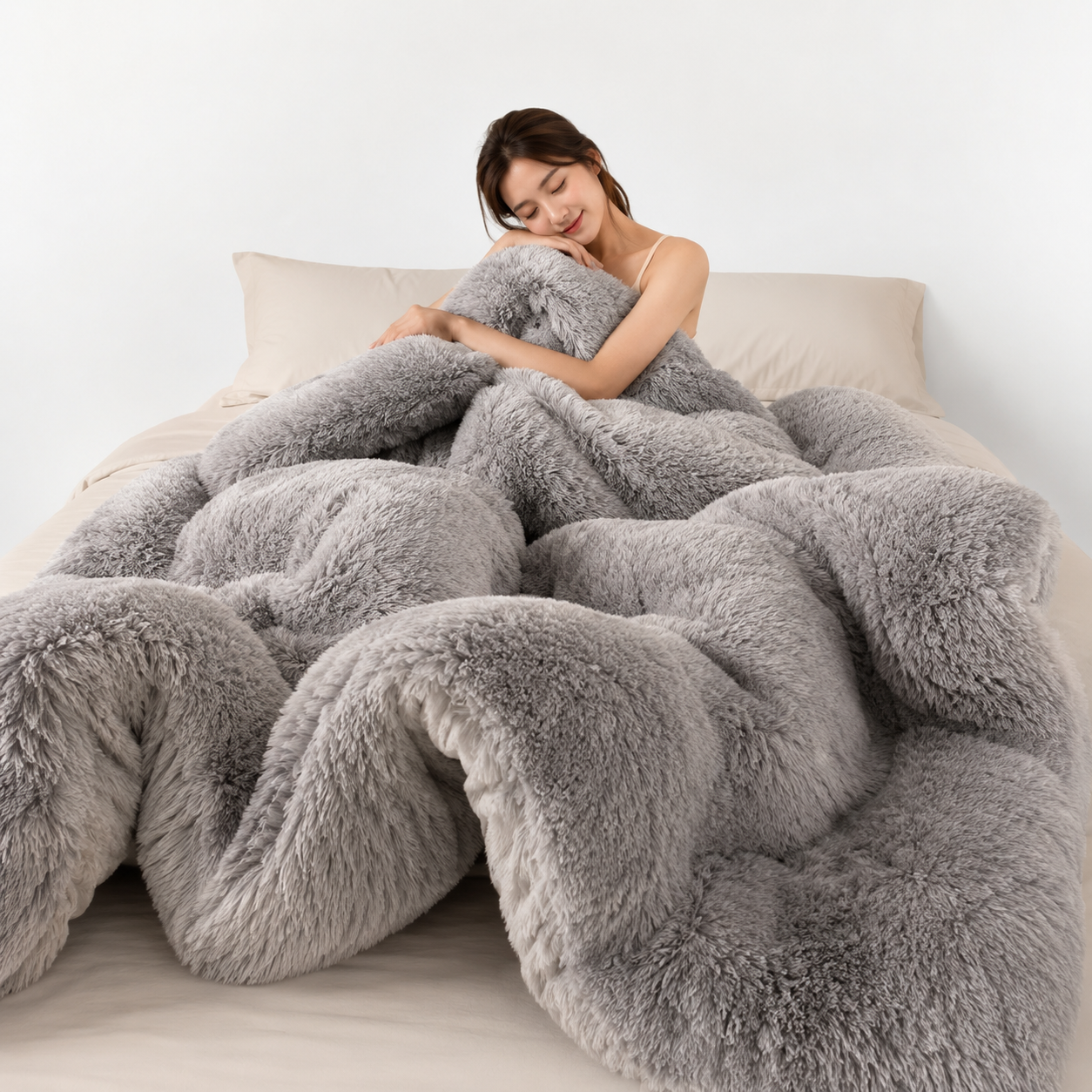 Woman wrapped in a fluffy gray blanket on a bed with a white background
