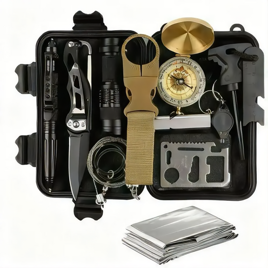 Survival kit with various tools including a knife, flashlight, and compass in a black case.