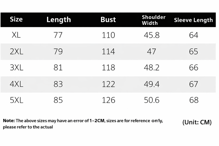 Table displaying size chart for clothing with measurements in centimeters.