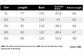 Table displaying size chart for clothing with measurements in centimeters.