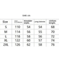 Table showing measurements for different sizes of a garment in centimeters.