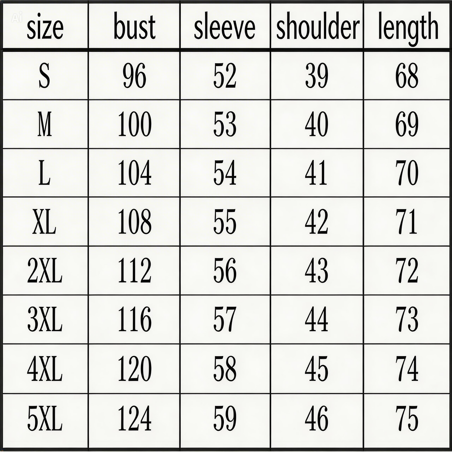 Table showing measurements for different sizes of a garment including bust, sleeve, shoulder, and length.