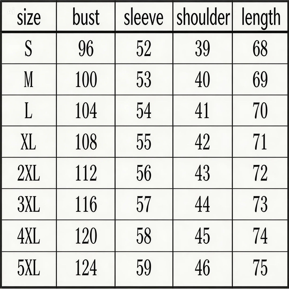 Table showing measurements for different sizes of a garment including bust, sleeve, shoulder, and length.