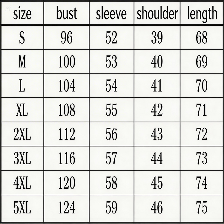 Table showing measurements for different sizes of a garment including bust, sleeve, shoulder, and length.