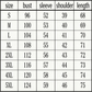 Table showing measurements for different sizes of a garment including bust, sleeve, shoulder, and length.