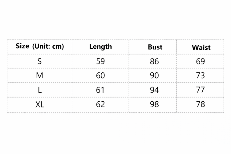Table showing size chart with measurements in centimeters for length, bust, and waist.