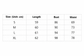 Table showing size chart with measurements in centimeters for length, bust, and waist.