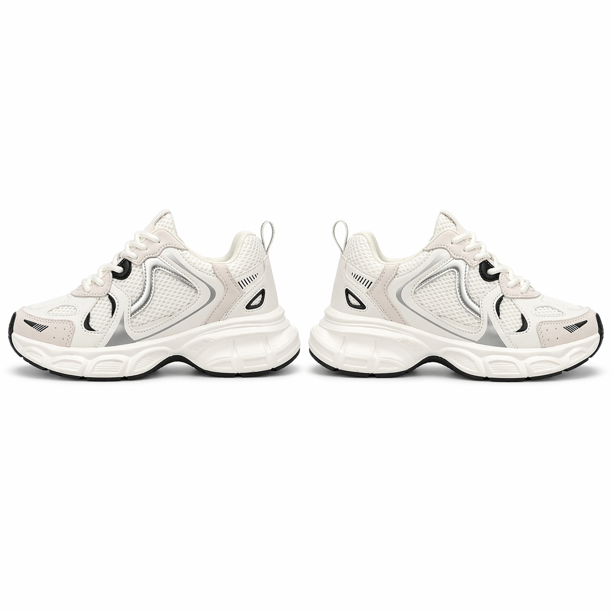 Pair of white sneakers with black accents on a white background