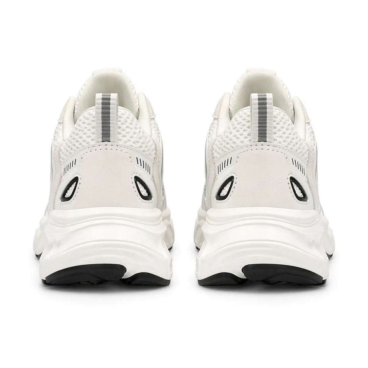 white mesh sneakers for leisure with thick soles viewed from back showing heel design