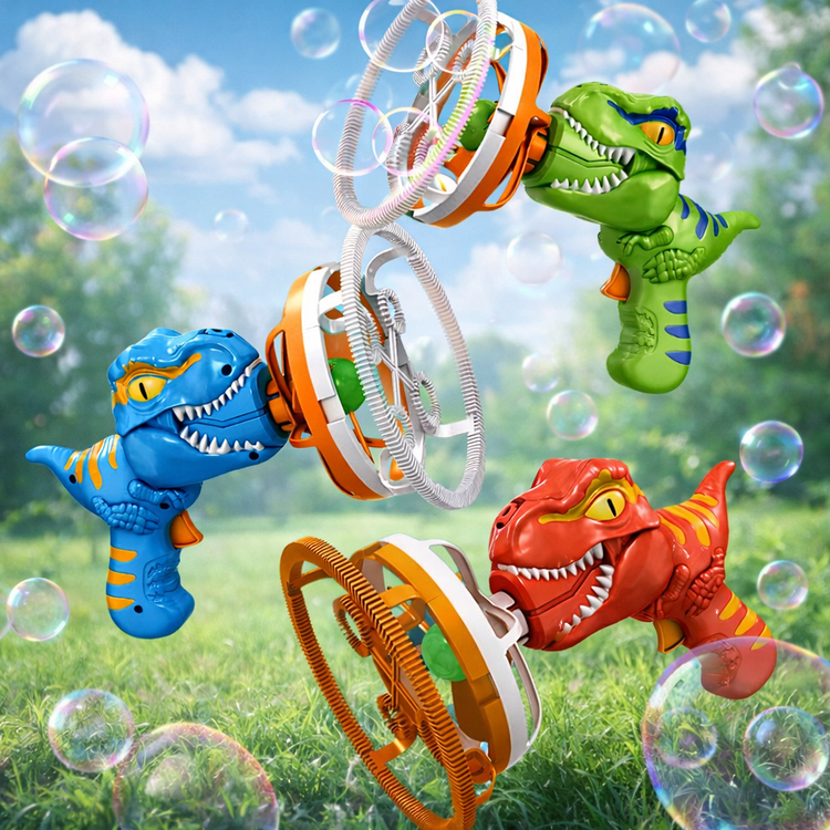 Three colorful dinosaur-shaped bubble guns with bubbles in a grassy outdoor setting.