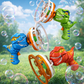Three colorful dinosaur-shaped bubble guns with bubbles in a grassy outdoor setting.