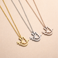 Three necklaces with dove-shaped pendants in gold, silver, and rose gold on a beige background.
