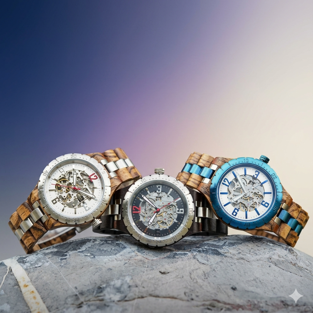 Three wooden-wrapped watches with different face designs on a rock with a gradient background