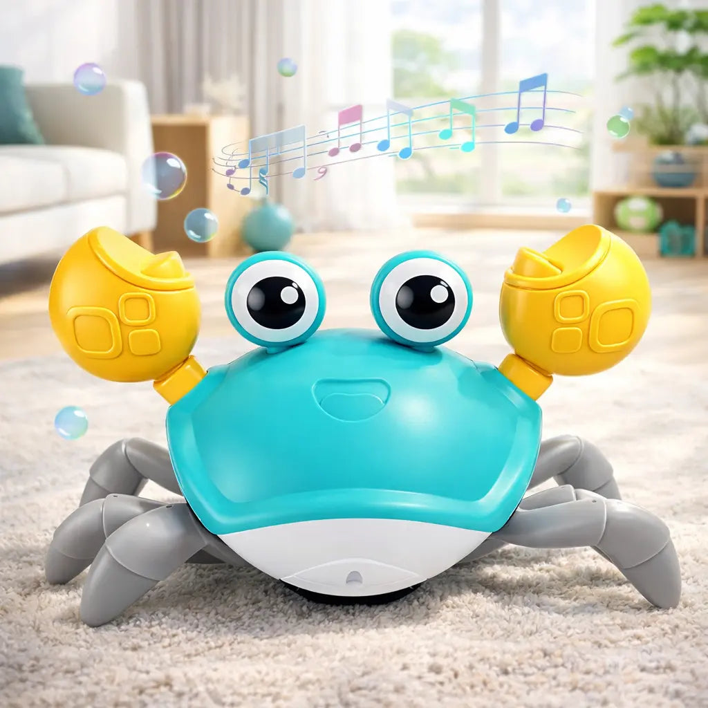 Interactive crawling crab toy for pets and children blue body yellow claws gray legs front view