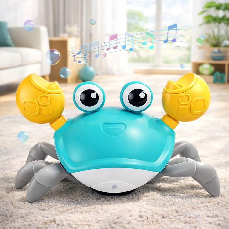 Toy crab with music notes in a room setting