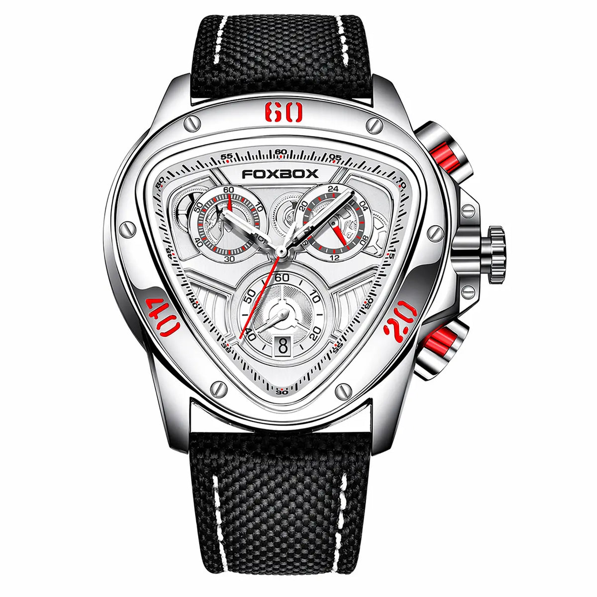 Triangular chronograph watch with silver zinc alloy design, black strap and red accents shown from front view
