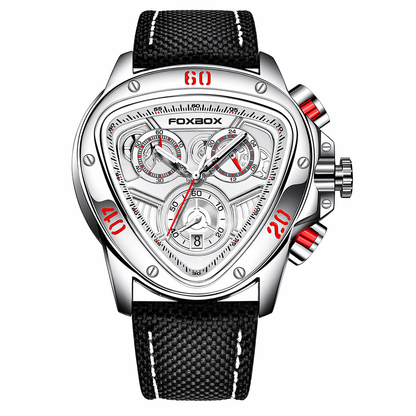 Foxbox watch with black strap and silver case on a white background