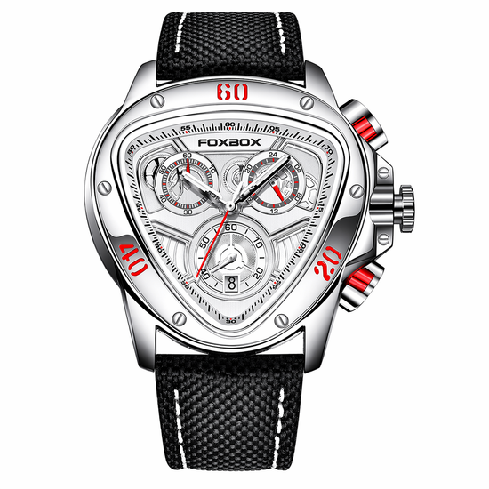 Foxbox watch with black strap and silver case on a white background
