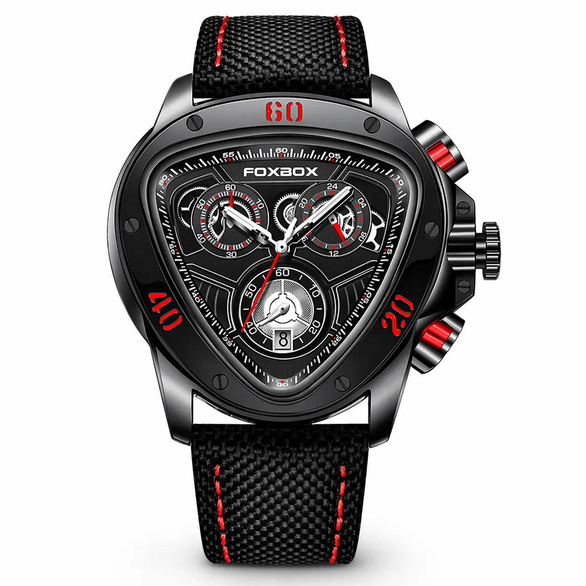 Triangular chronograph watch featuring black zinc alloy design, black strap with red stitching displayed from front angle
