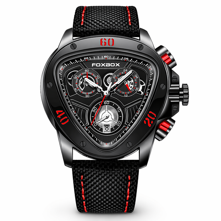Foxbox watch with black strap and red accents on a white background