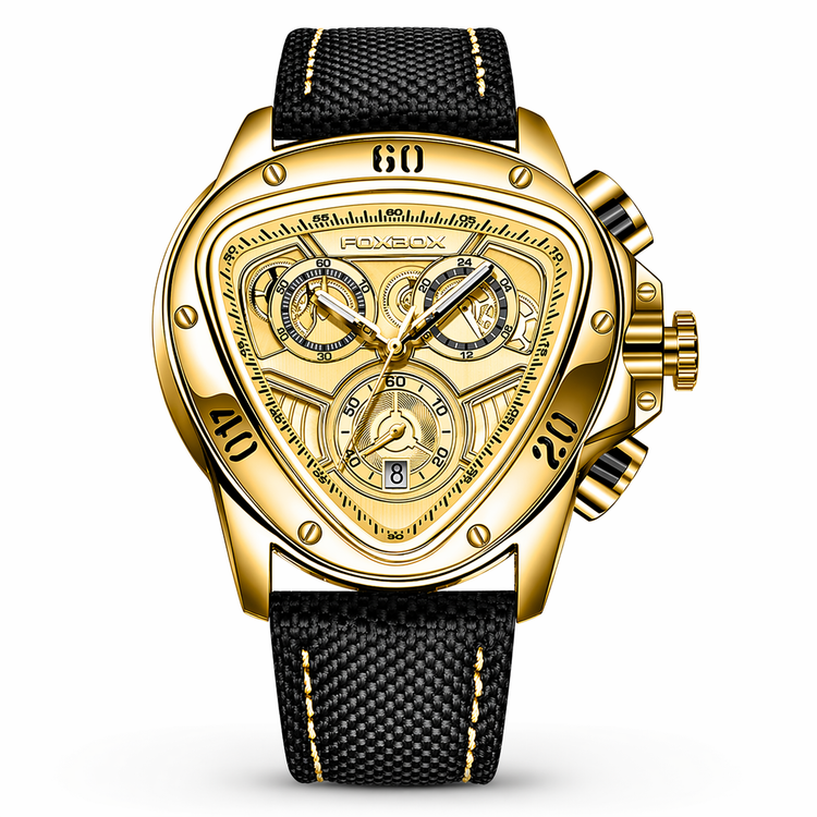 Gold watch with black strap on a white background