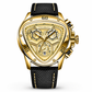 Gold watch with black strap on a white background
