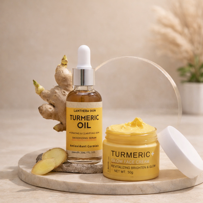 Turmeric skincare products including oil and cream on a neutral background