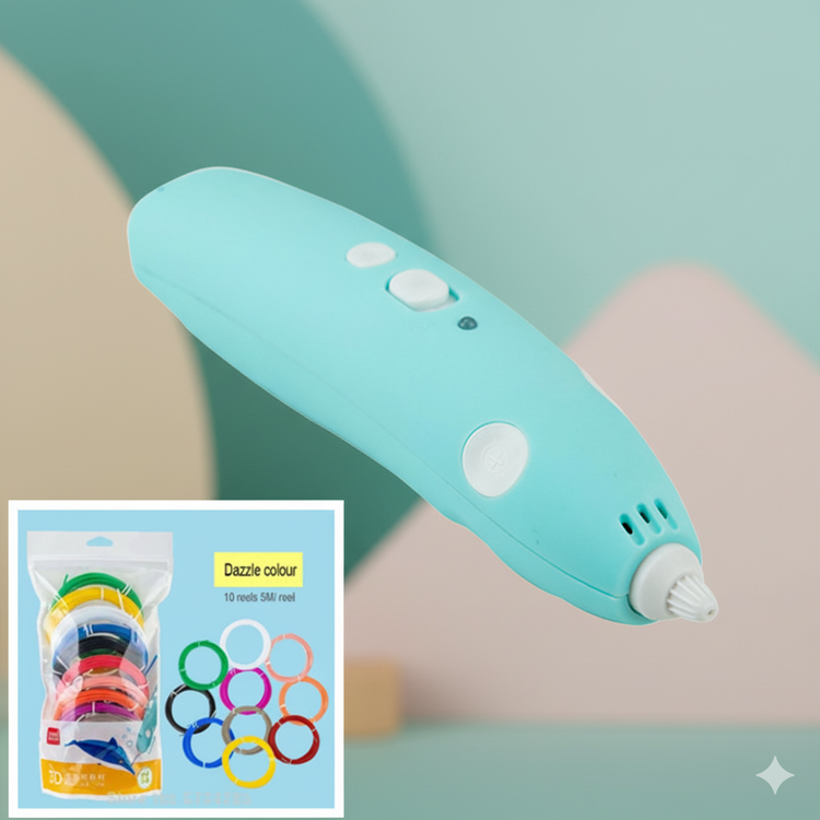 Turquoise 3D printing pen on a light blue background with a small inset showing colorful 3D printing nozzles.