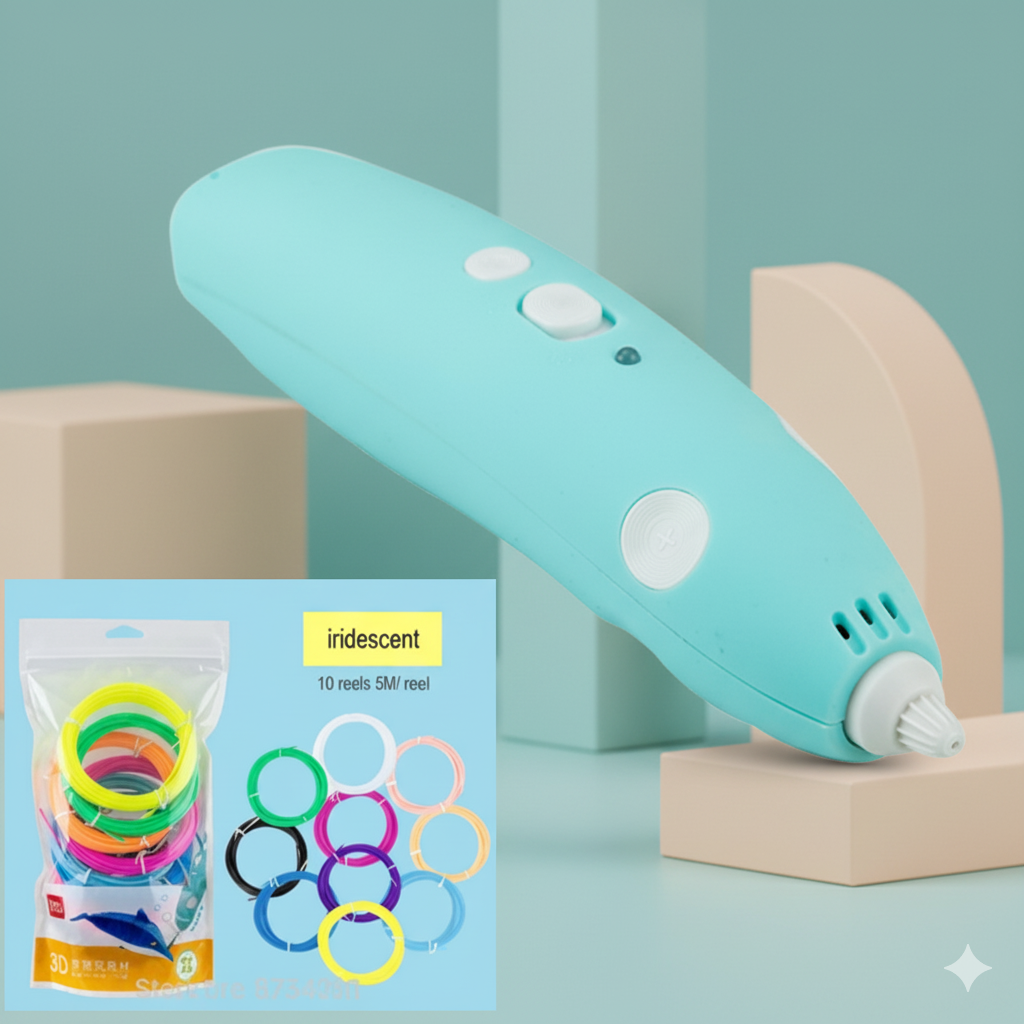 Turquoise hot glue gun with a package of colorful rings on a light blue background