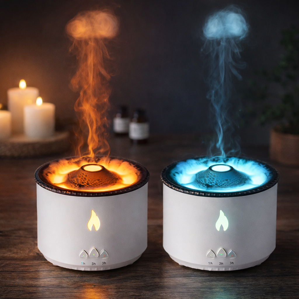 Two flameless candle lights with fire and water effects on a wooden surface.  YELLOW AND BLUE