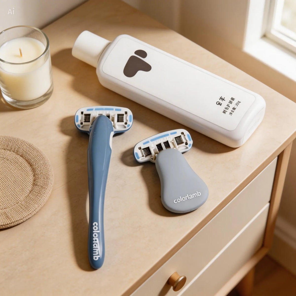 Dual-purpose shaving cream white bottle with black logo next to blue razor and replacement heads on wooden surface