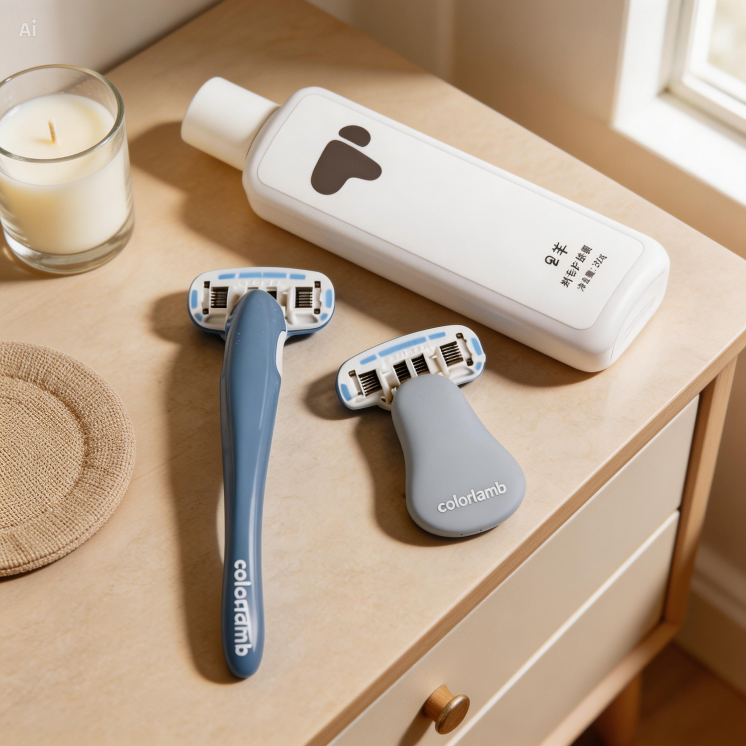 Two razors and a bottle on a wooden surface with a candle in the background