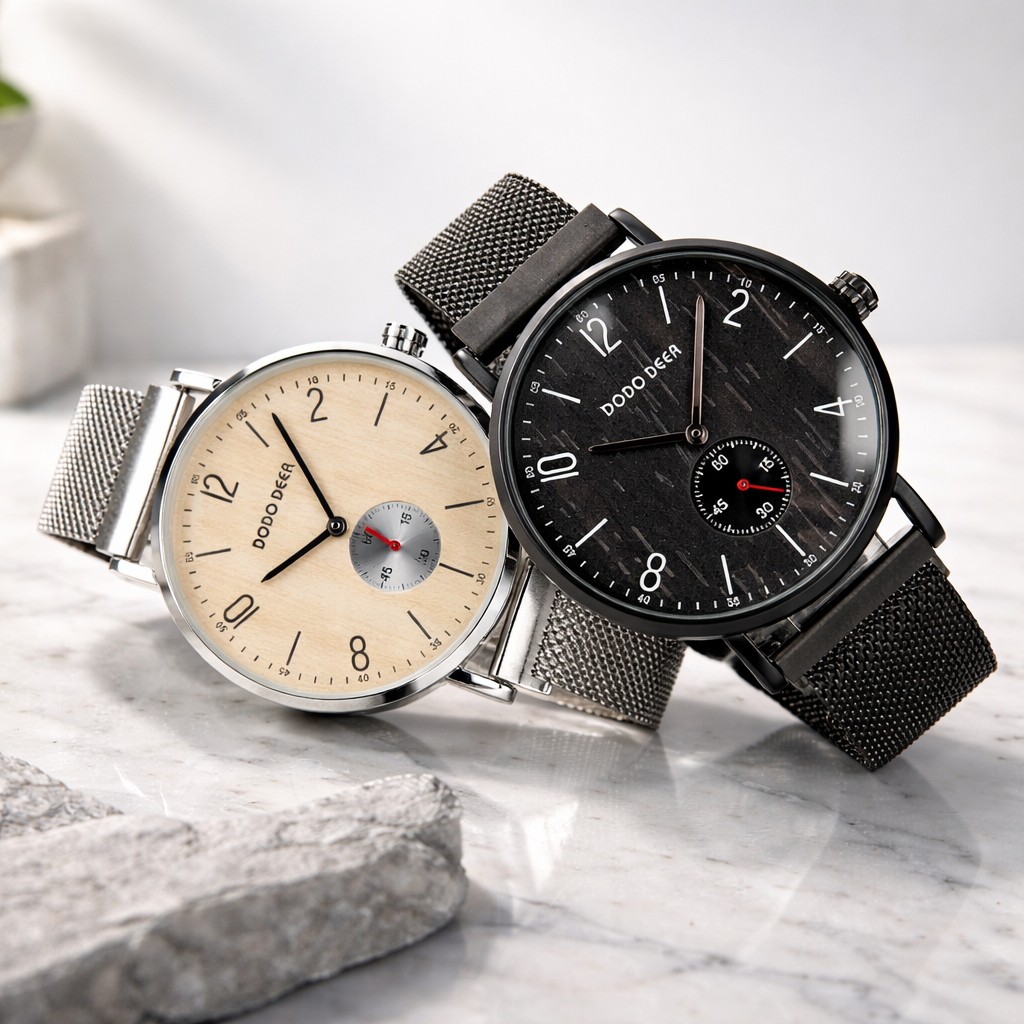 Two watches on a marble surface, one with a silver mesh band and beige face, the other with a black mesh band and dark face.