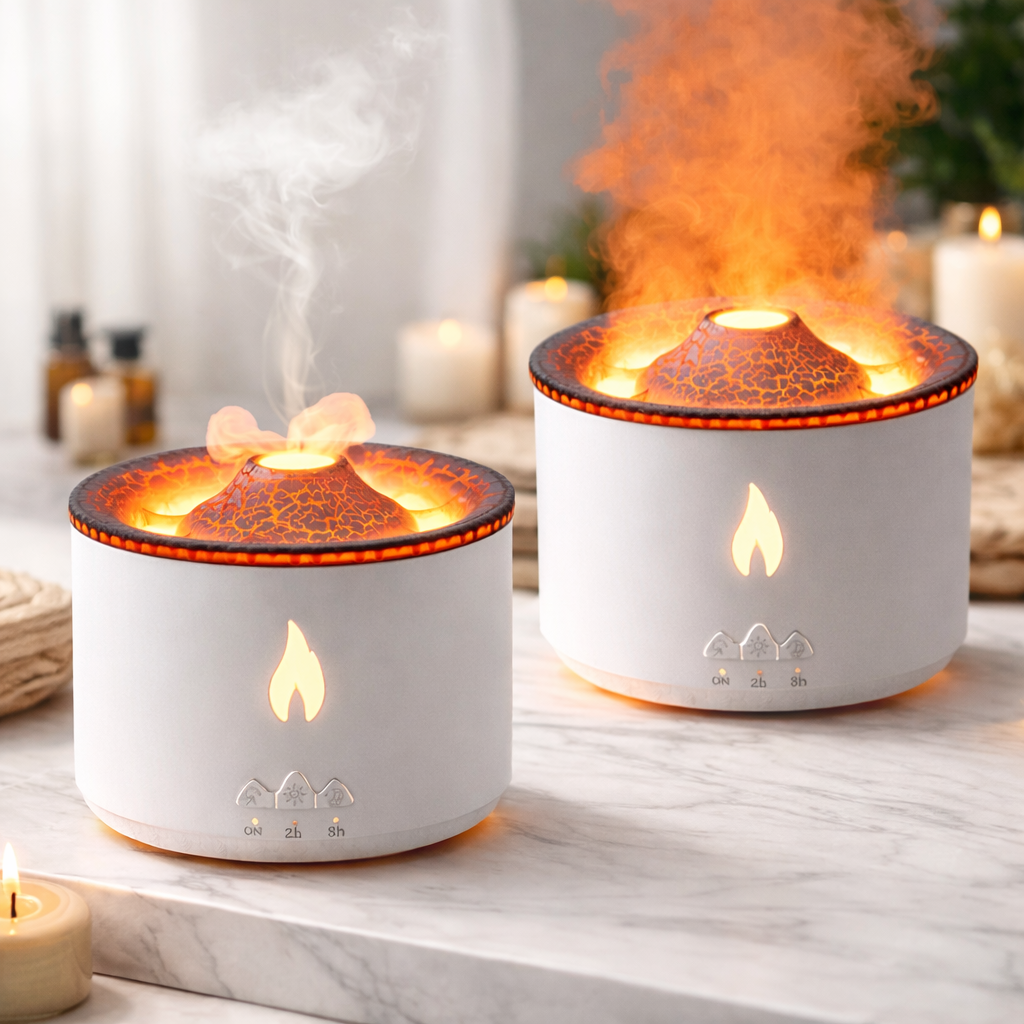 Two white ceramic diffusers with flame design on a marble surface. YELLOW