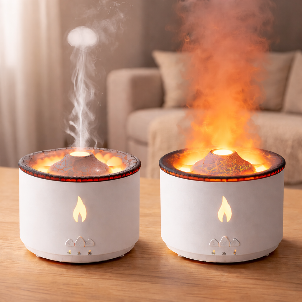 Two white flame-shaped lamps on a wooden surface with a blurred living room background.