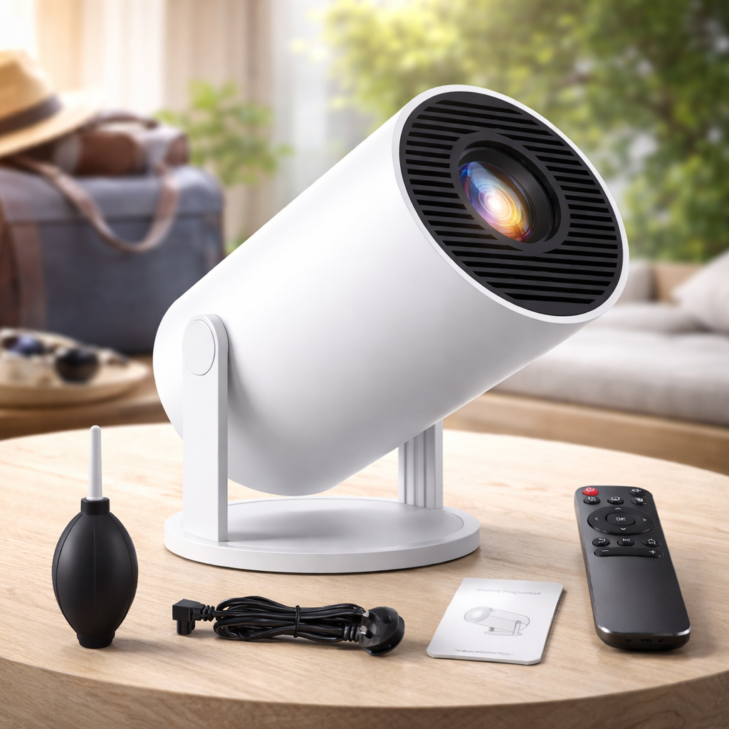 Unboxed White outdoor light fixture with remote control on a wooden table