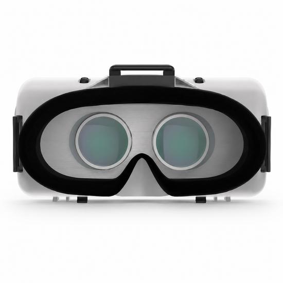 Black and gray virtual reality headset on a white background
