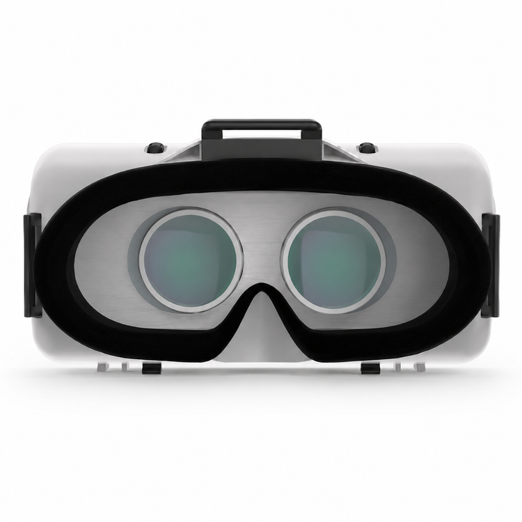 Black and gray virtual reality headset on a white background