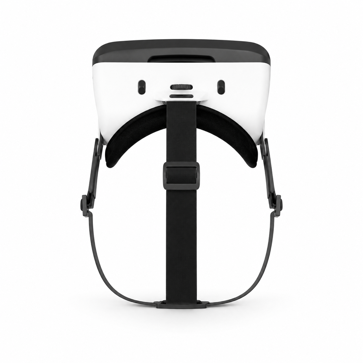 White virtual reality headset with black straps on a white background