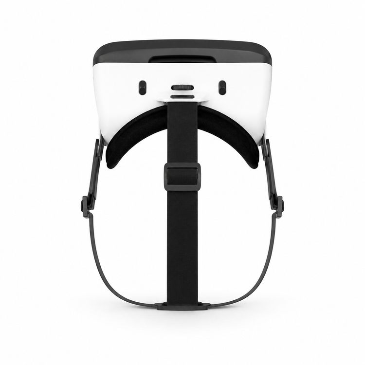 White virtual reality headset with black straps on a white background