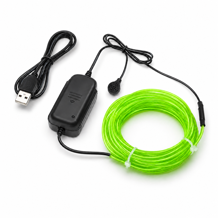 Black electronic device with USB cable and green EL wire on a white background