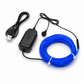 Blue LED strip with power supply and USB cable on a white background