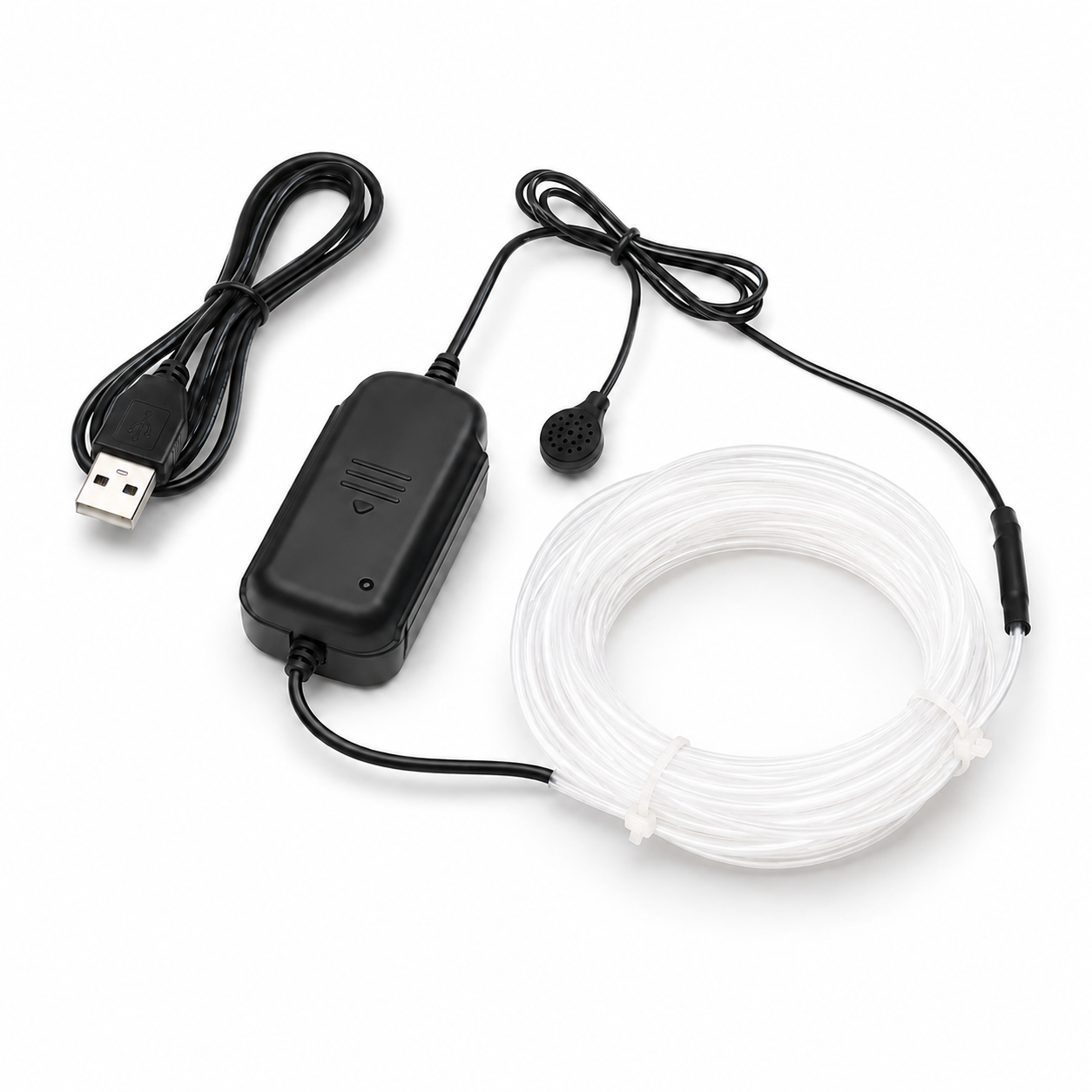 Black electronic device with USB cable and white coiled cable on a white background