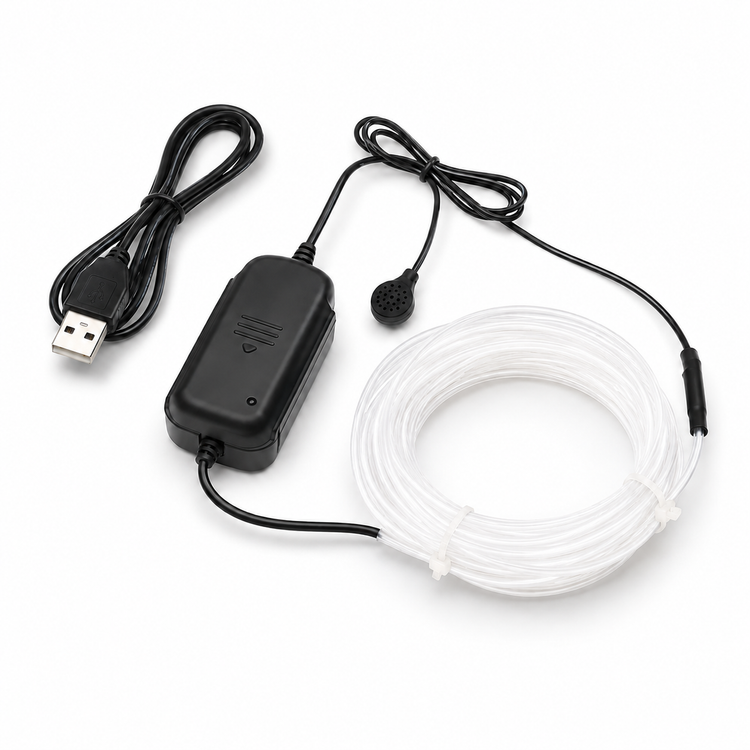 Black electronic device with USB cable and white coiled cable on a white background