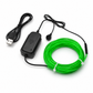 Green LED strip with black power supply and USB cable on a white background