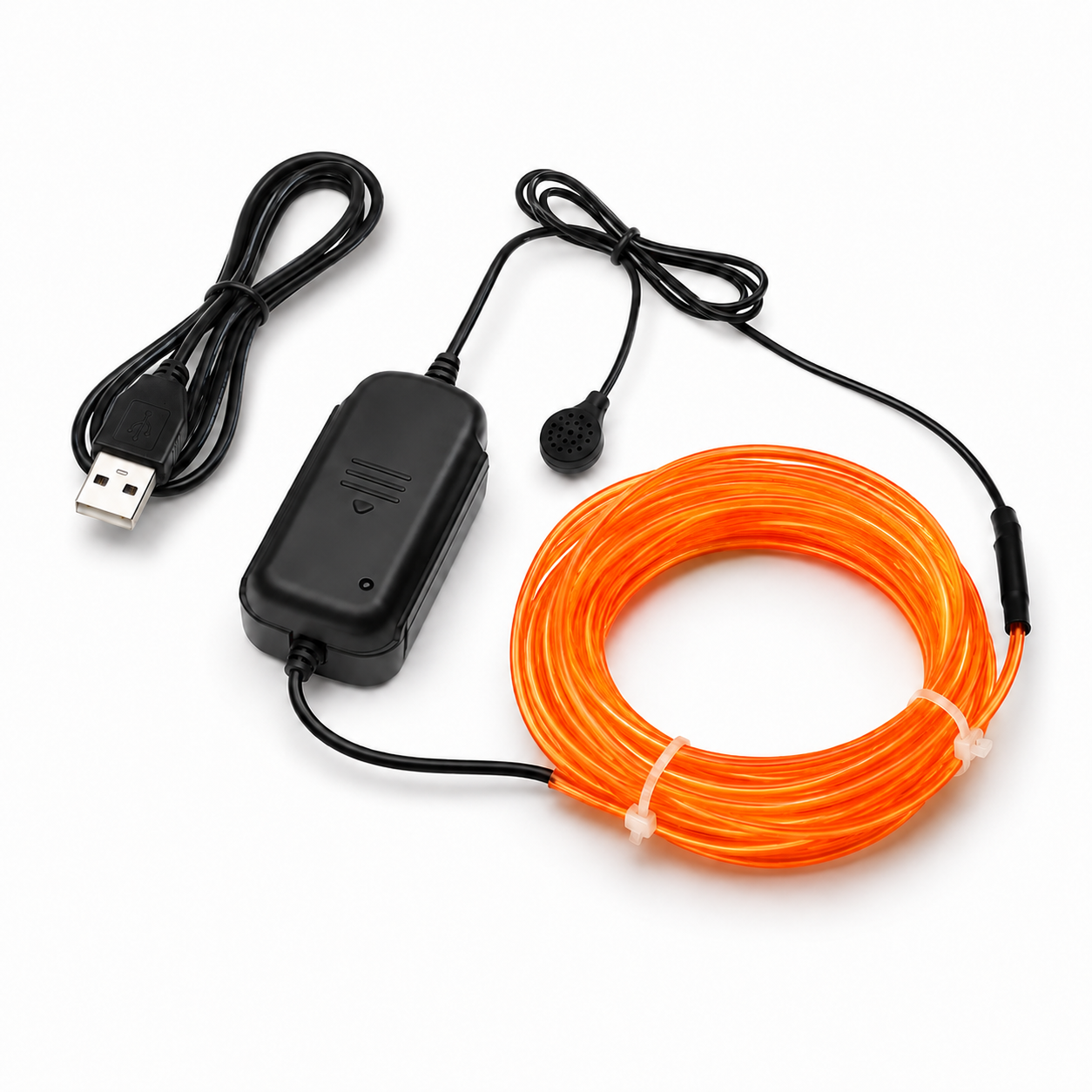 Black electronic device with USB cable and orange LED strip on a white background