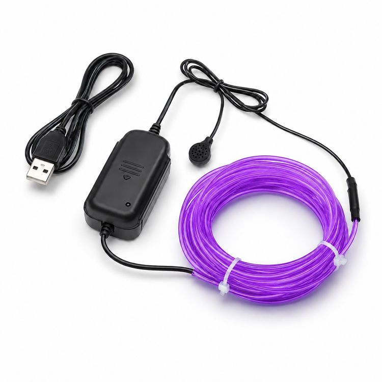 Purple LED strip with black power supply and USB cable on a white background
