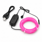 Pink LED strip with black power supply and USB cable on a white background