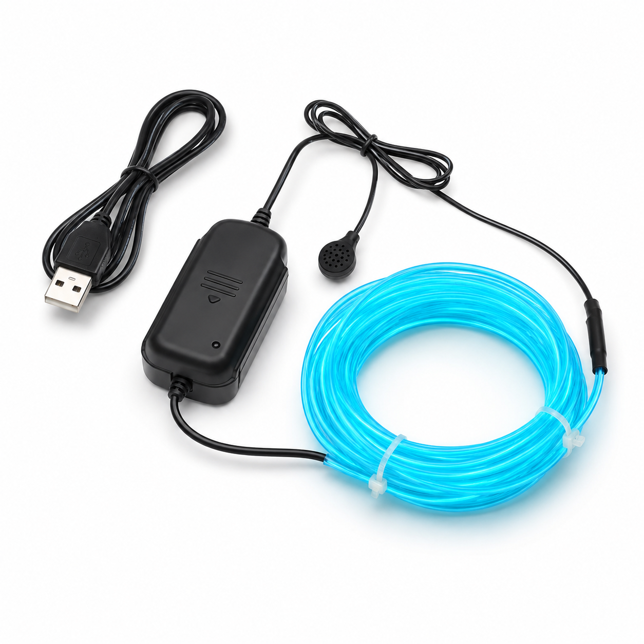 Black electronic component with USB cable and blue LED strip on a white background