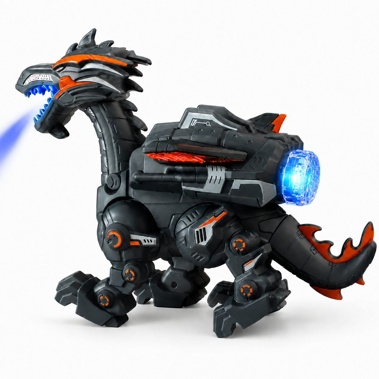 Toy dragon with robotic features on a white background